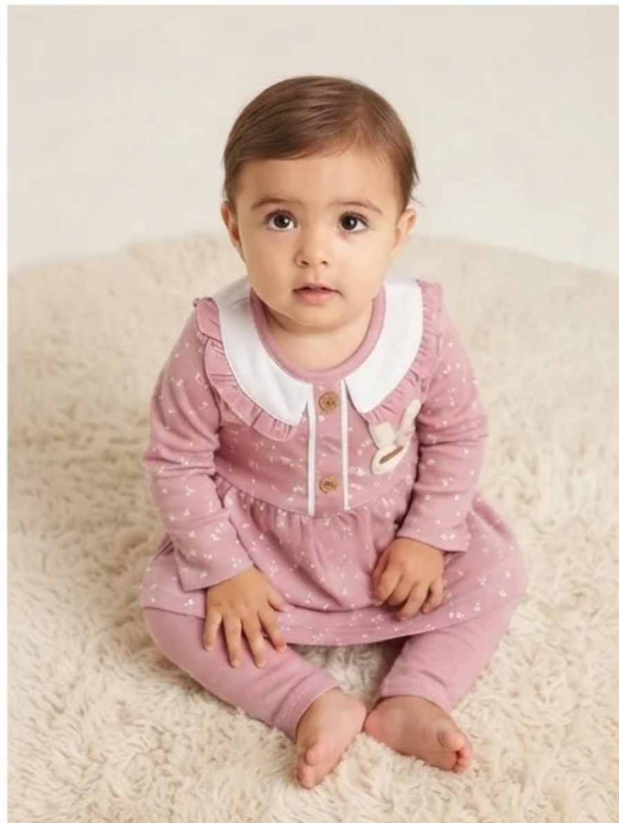 Baby Girl Dusty Rose Floral Peter Pan Collar Dress & Leggings Set