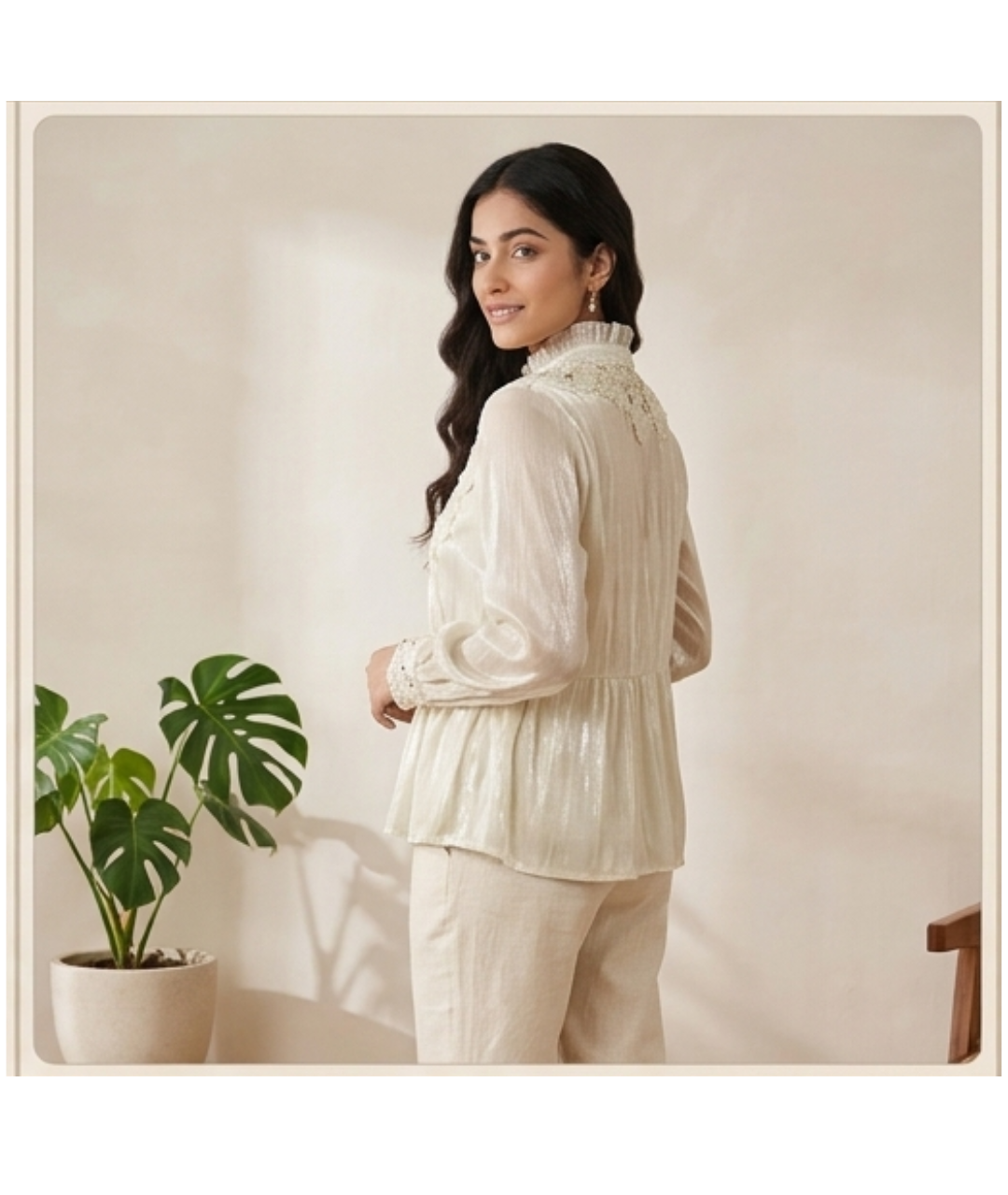 Women's Off-White Shimmer Silk-Blend Blouse with Floral Cutwork & Pearl Buttons