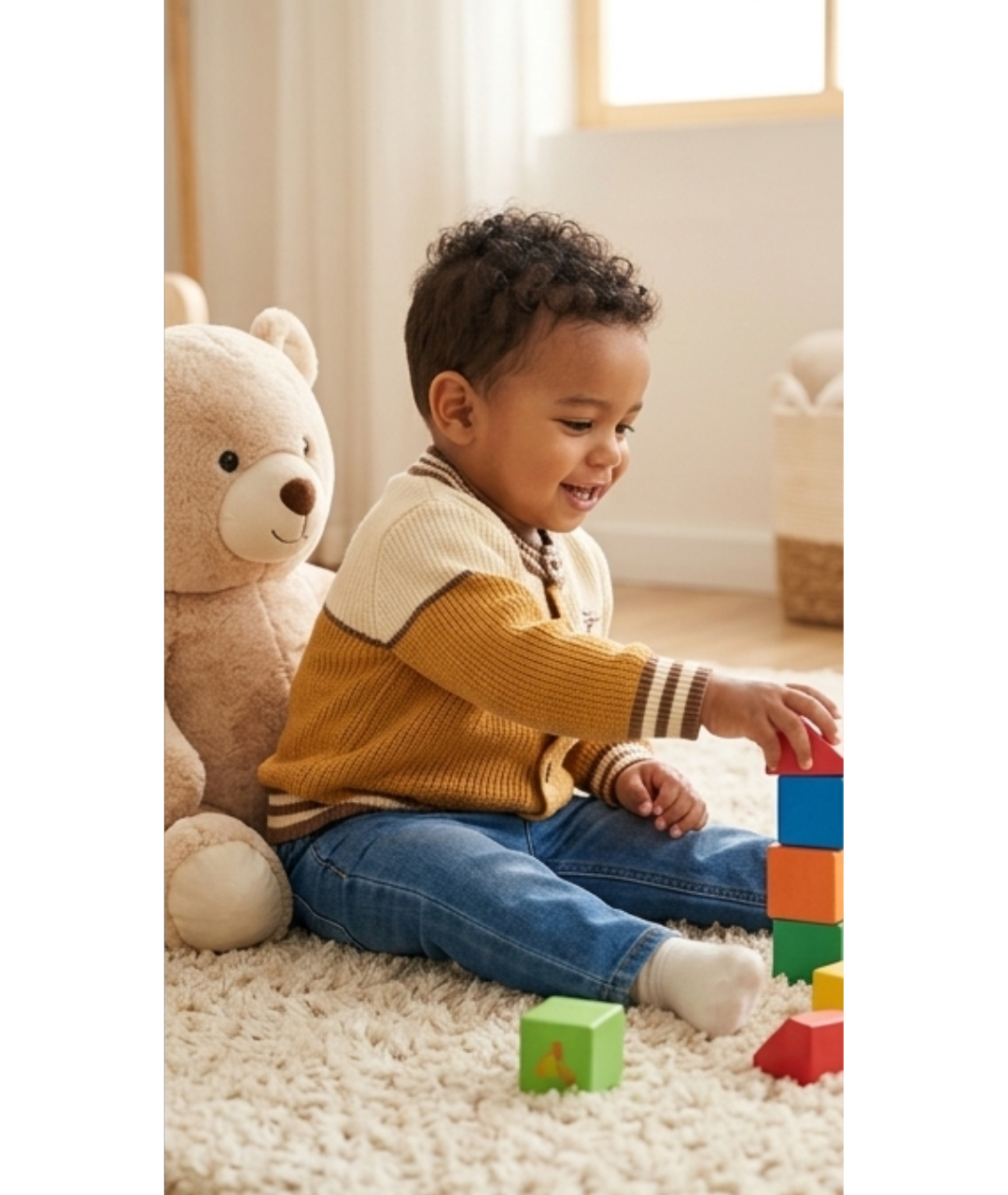 Toddler Boys Colorblock Knit Cardigan Sweater – Mustard & Cream with Bear Motif