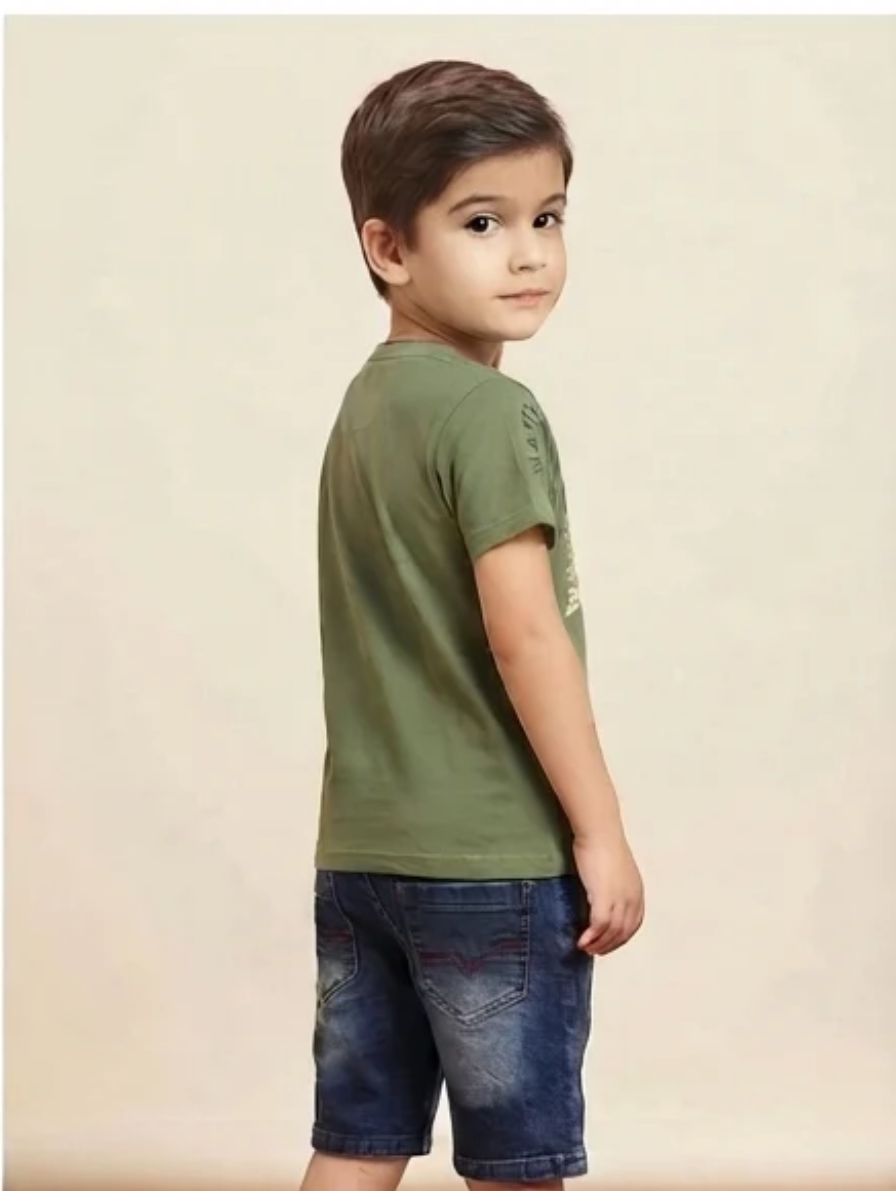 Boys' Olive Green "Visionaire" T-Shirt & Denim Shorts Set