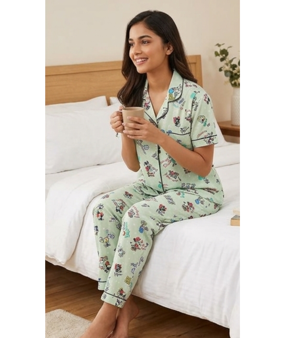 Mint Green Classic Cartoon Character Printed Cotton Night Suit Set