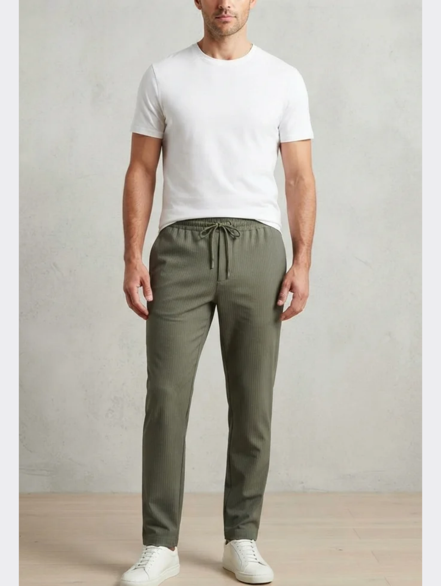 Textured Olive Green Drawstring Trousers