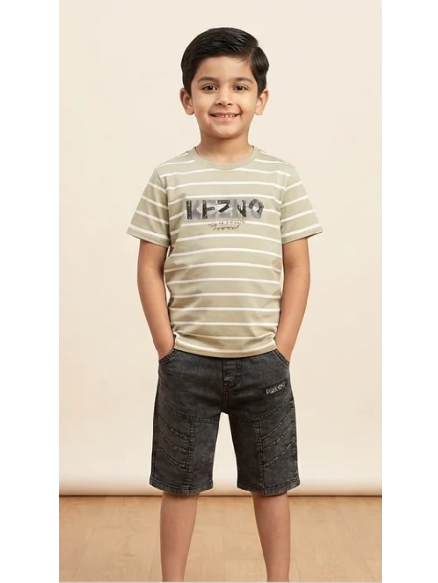 Boys' Olive Striped T-Shirt & Black Denim Shorts Set