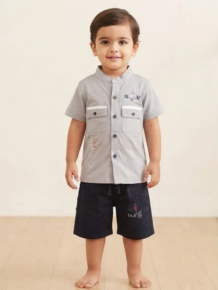 Grey Short-Sleeve Utility Shirt & Navy Shorts Set
