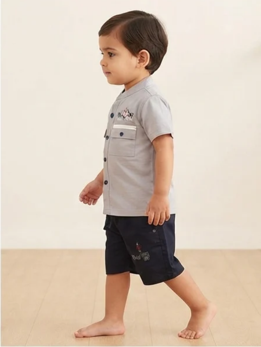 Grey Short-Sleeve Utility Shirt & Navy Shorts Set