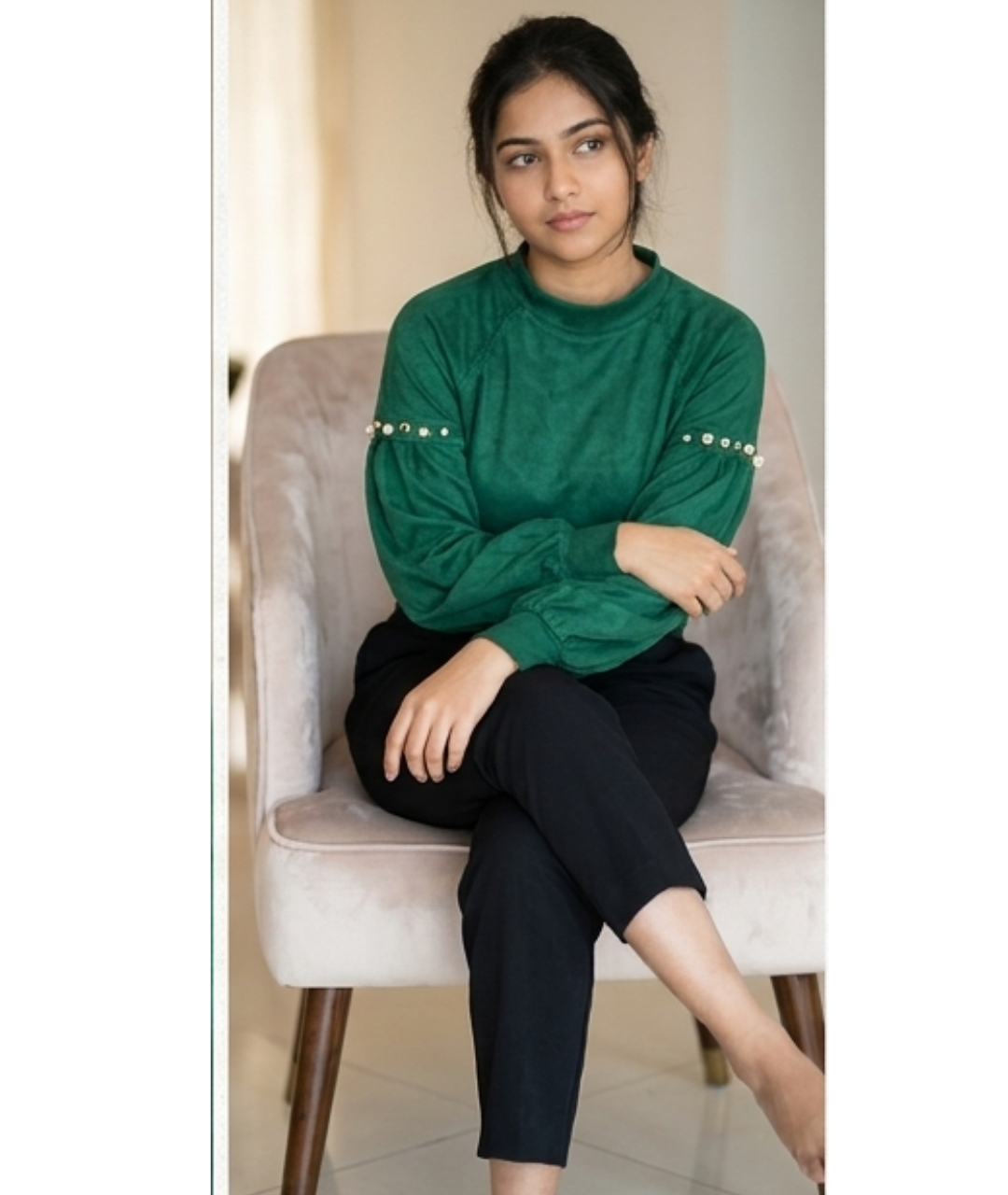 Emerald Green Faux Suede Blouse with Pearl and Studded Puff Sleeves