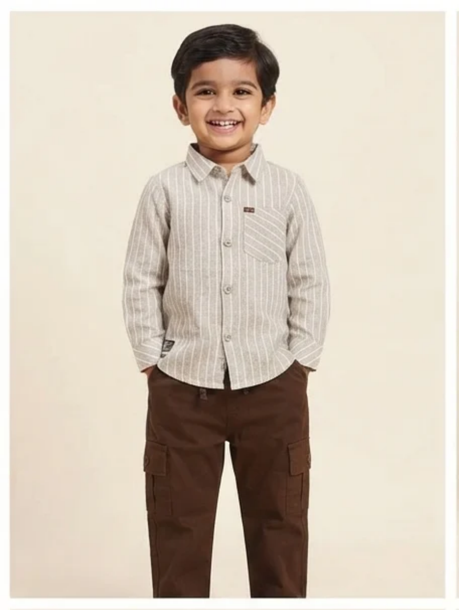 Boys Striped Collared Shirt & Brown Cargo Pants Set