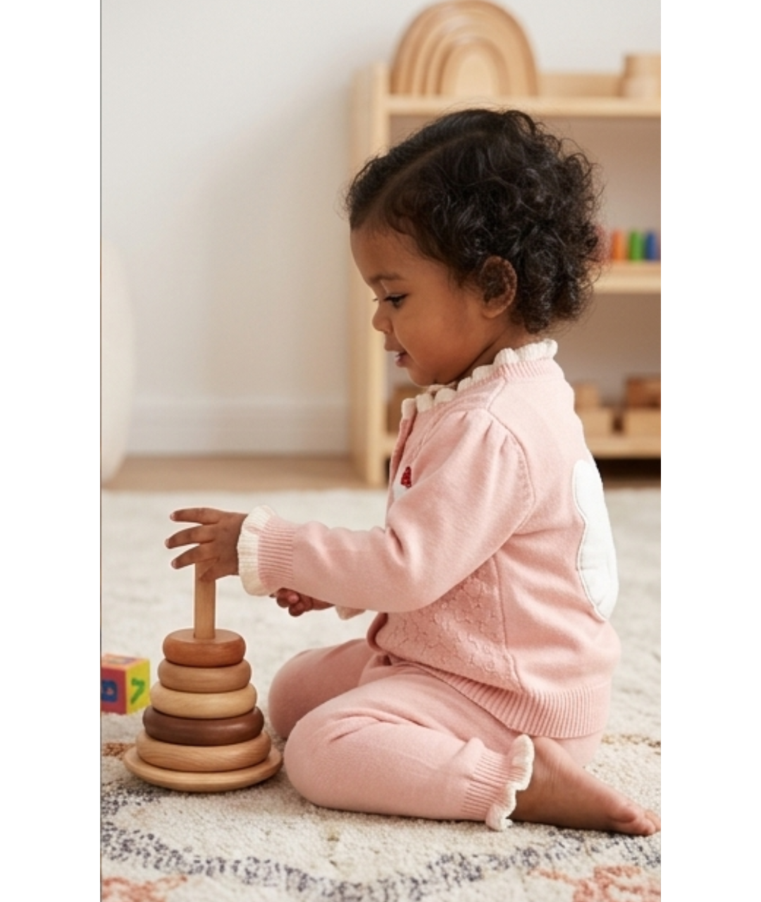 Toddler Girls Ruffle Collar Cable-Knit Cardigan & Pants Set – Soft Blush Pink