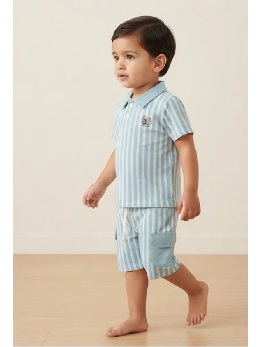 Light Blue Striped Polo Collar Short & Cargo Shorts Set