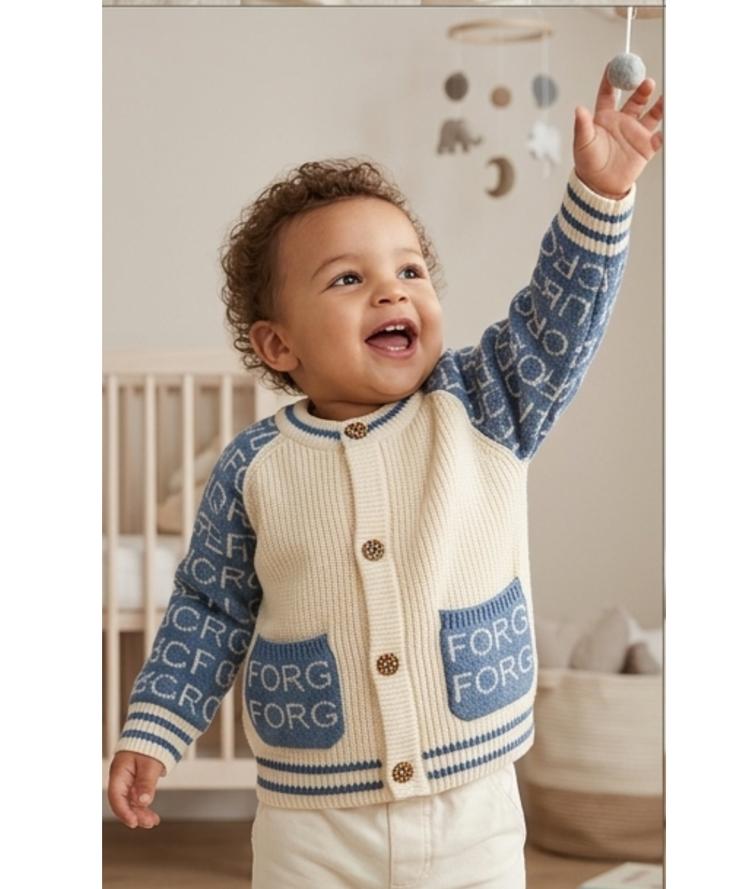 Classic Lettered Knit Toddler Cardigan – Cream & Denim Blue