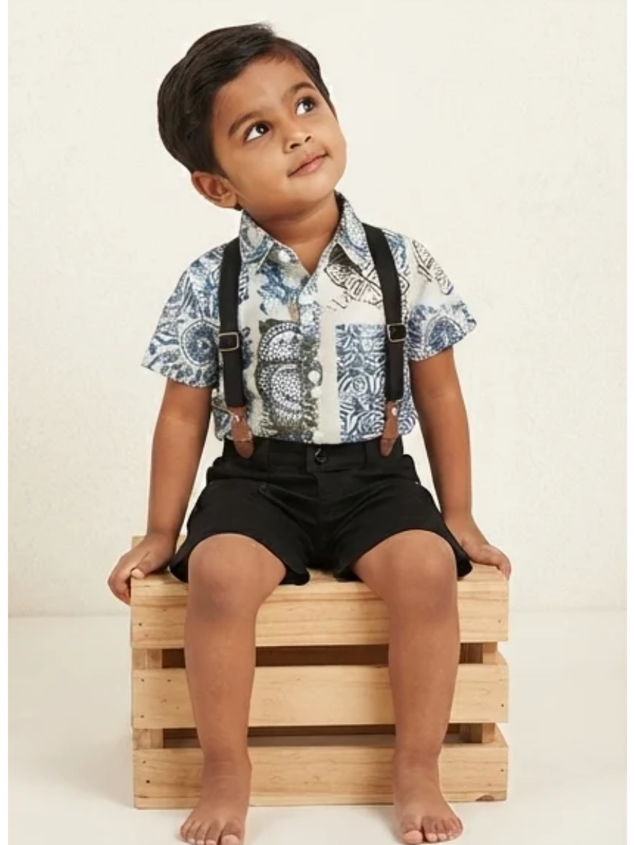 Boys Printed Collared Shirt & Black Shorts Set with Suspenders