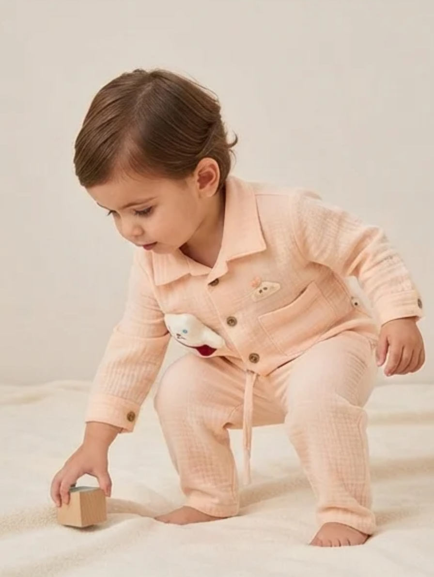 Soft Peach Two-Piece Play & Sleep Set with Cat Pocket Accent