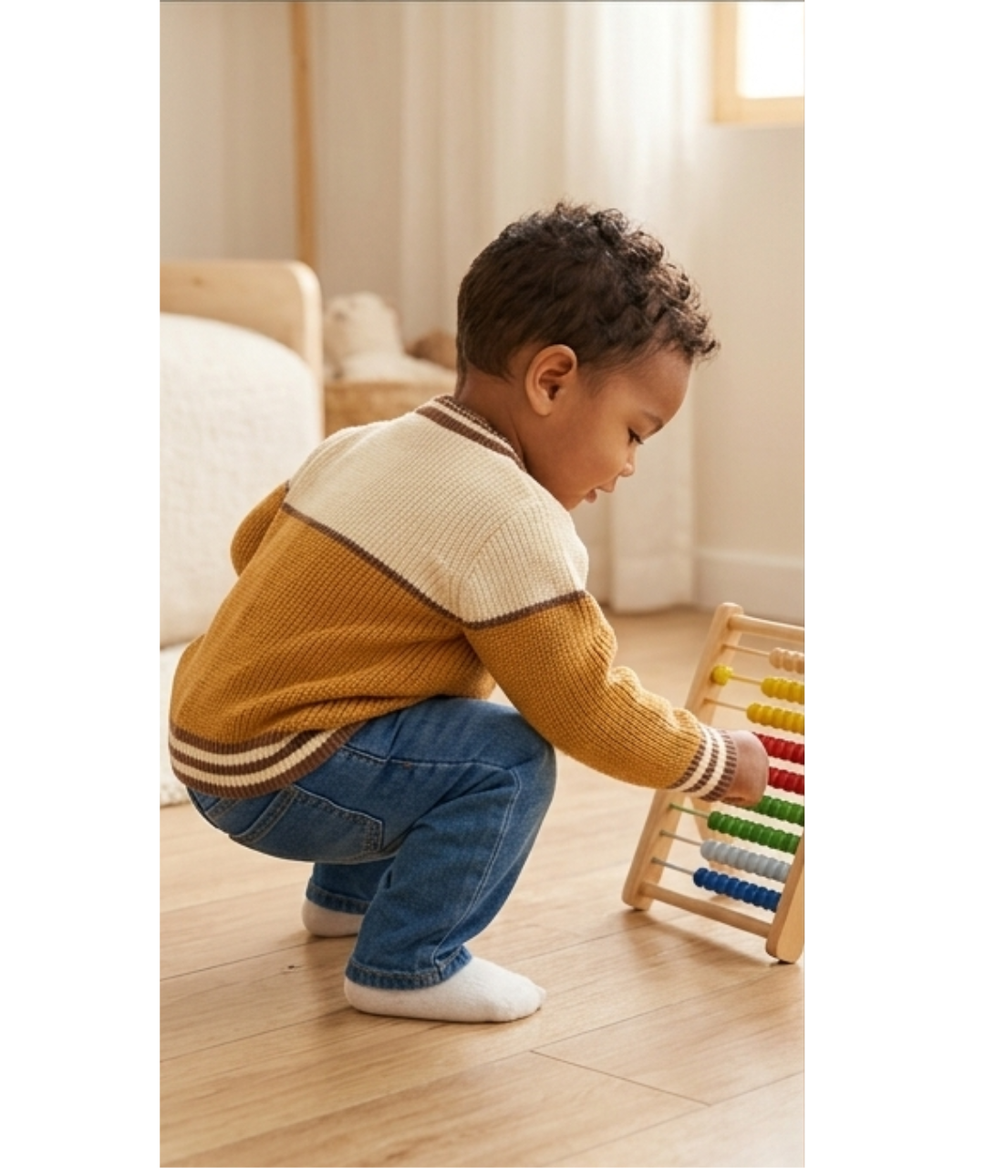 Toddler Boys Colorblock Knit Cardigan Sweater – Mustard & Cream with Bear Motif