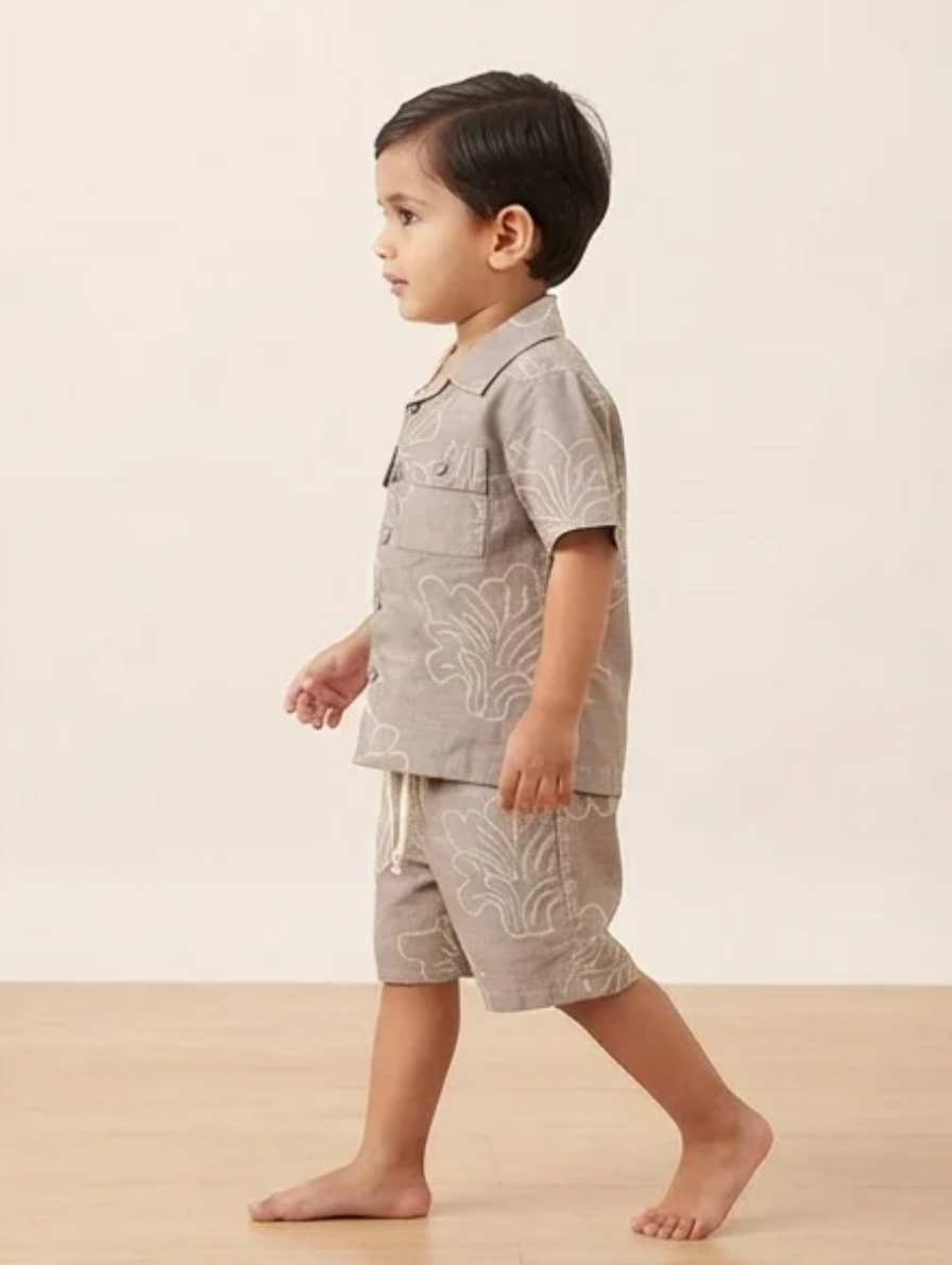 Taupe Short-Sleeve Button-Down Shirt & Drawstring Shorts Set