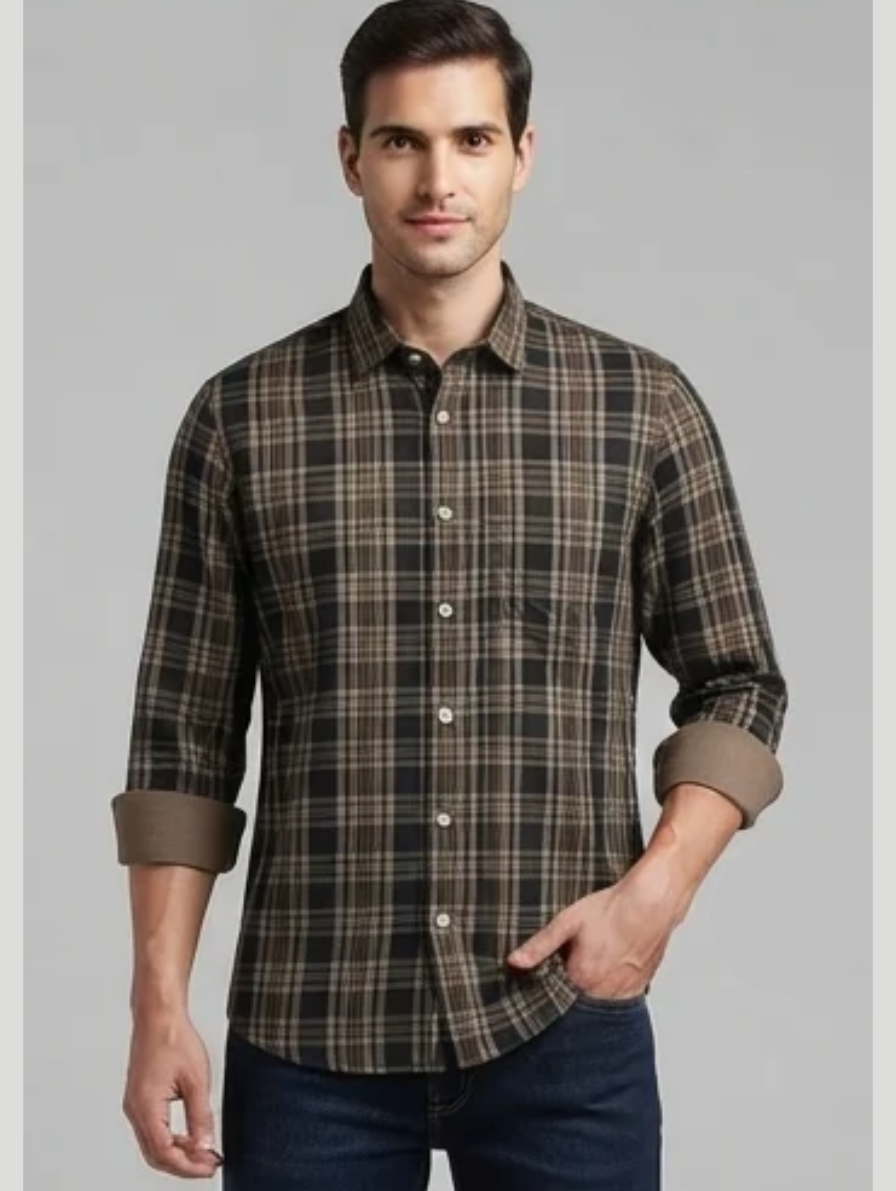 Brown and Black Plaid Casual Long-Sleeve Shirt for Men