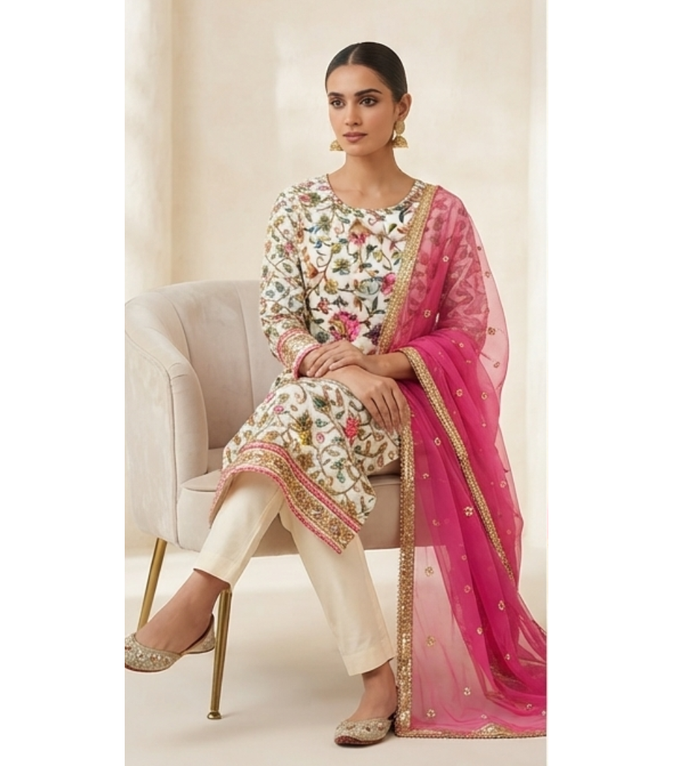 Ivory Multi-Floral Embroidered Straight Kurta Set with Hot Pink Dupatta
