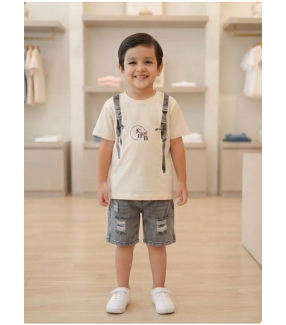 A cool and playful two-piece outfit featuring an ivory t-shirt with a fun backpack strap graphic and distressed dark-wash denim shorts.