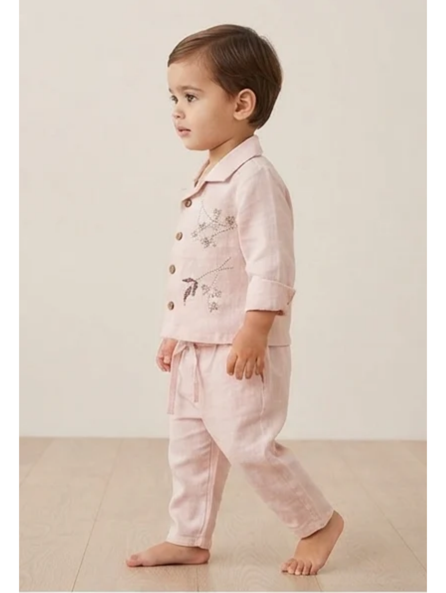 Dusty Pink Linen-Blend Long-Sleeve Shirt & Pants Set with Floral Embroidery