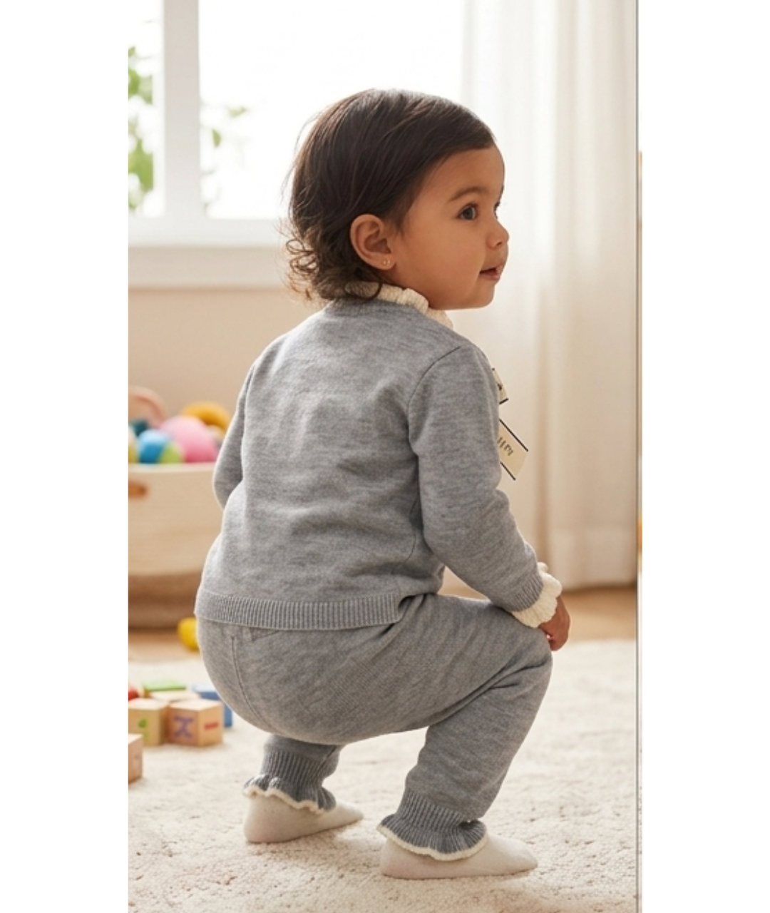 Toddler Girls Pearl Bow Knit Cardigan & Pants Set – Heather Grey & Cream