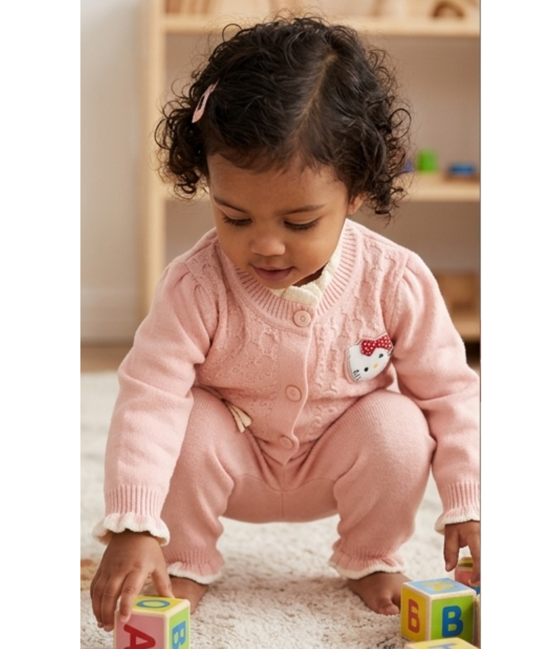 Toddler Girls Ruffle Collar Cable-Knit Cardigan & Pants Set – Soft Blush Pink