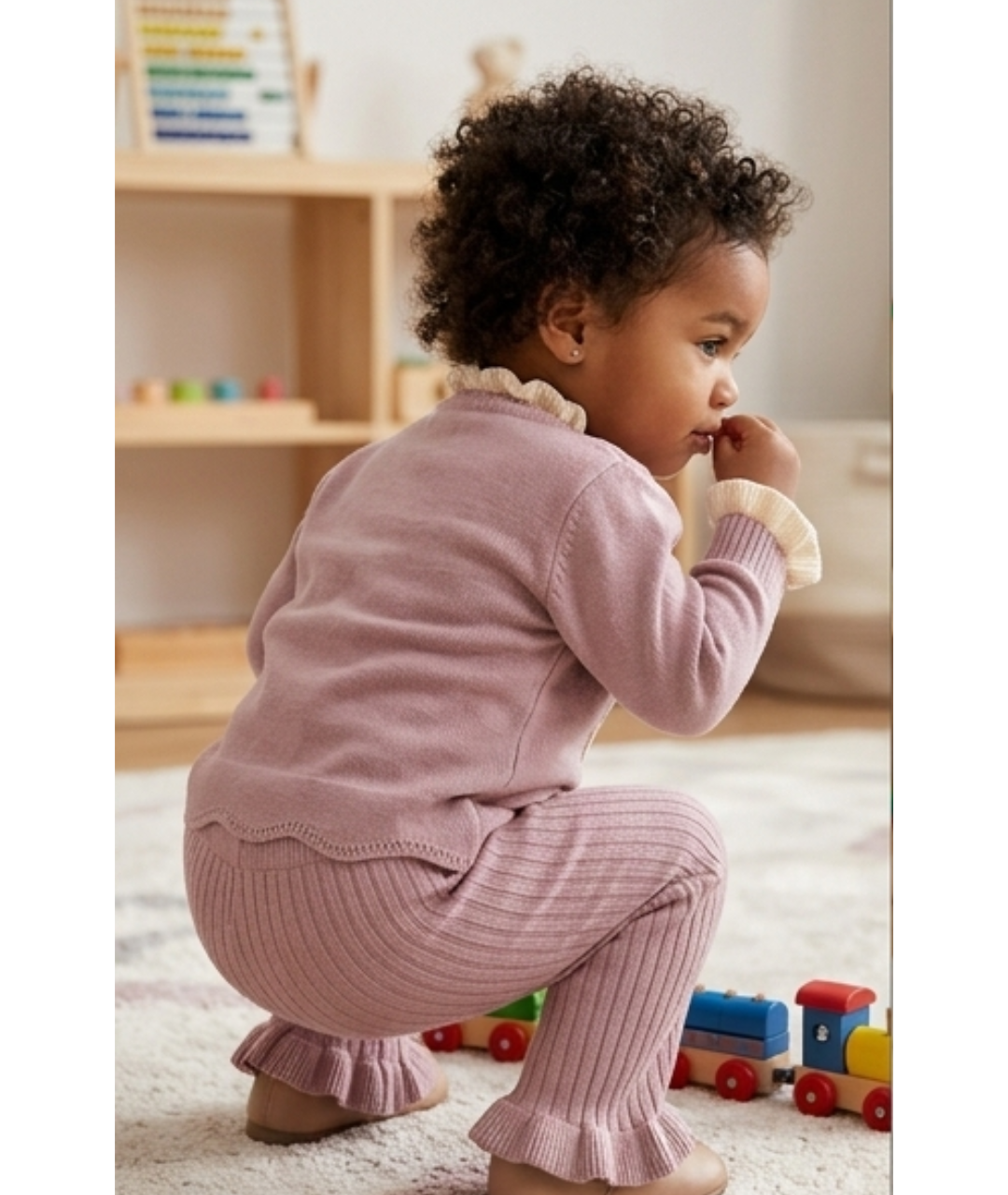 Toddler Girls Pearl Bow Knit Cardigan & Flared Pants Set – Dusty Mauve & Cream