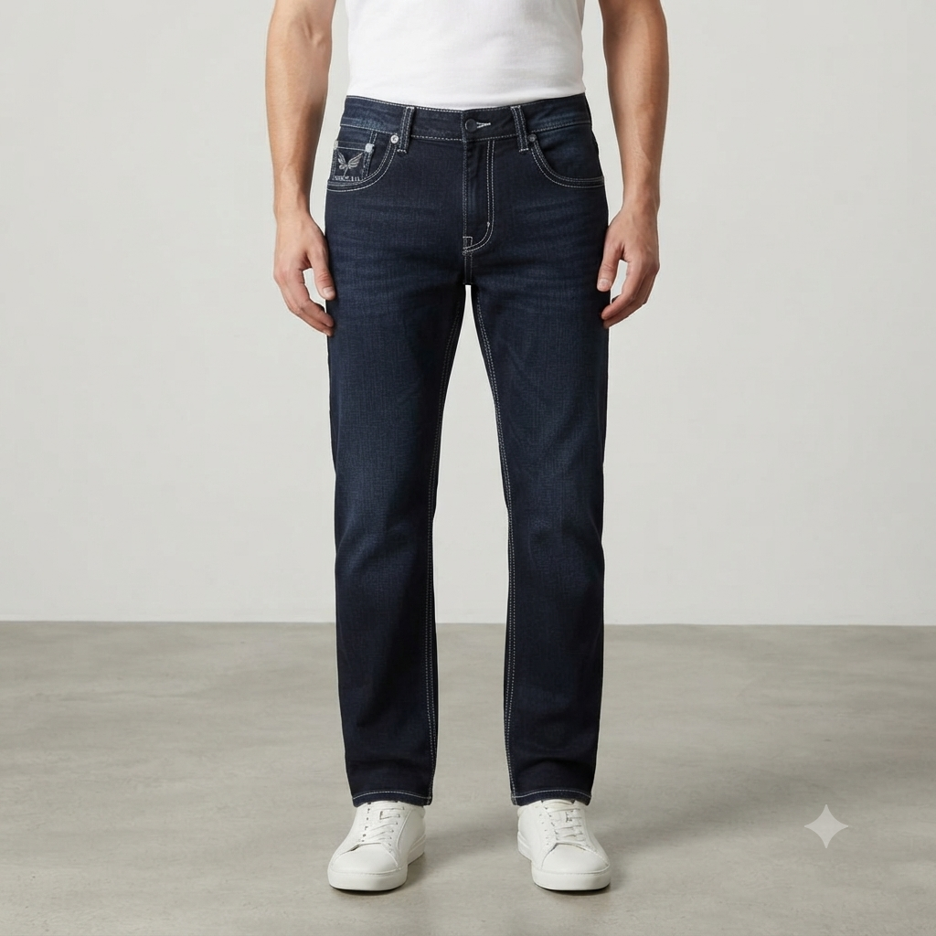 Men's Dark Indigo Stretch Denim Jeans with Eagle Graphic Pocket