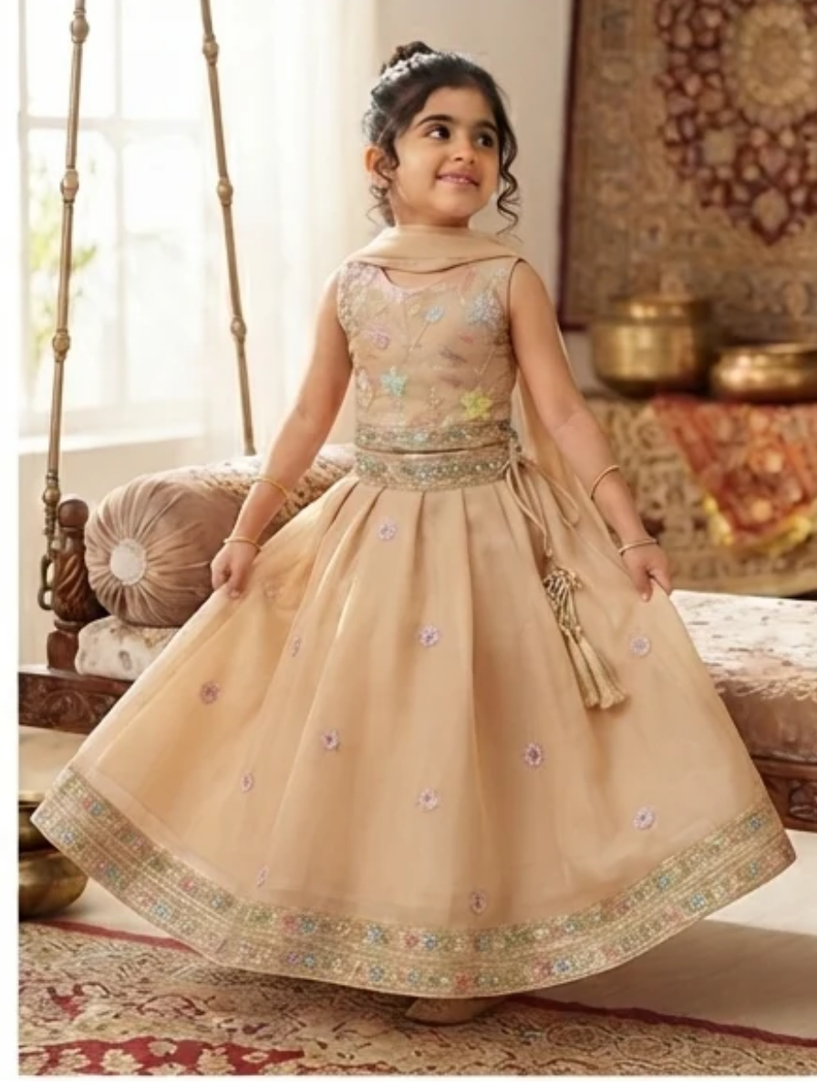 Elegant Beige Sleeveless Lehenga Choli Set with Multicolored Floral Embroidery and Dupatta