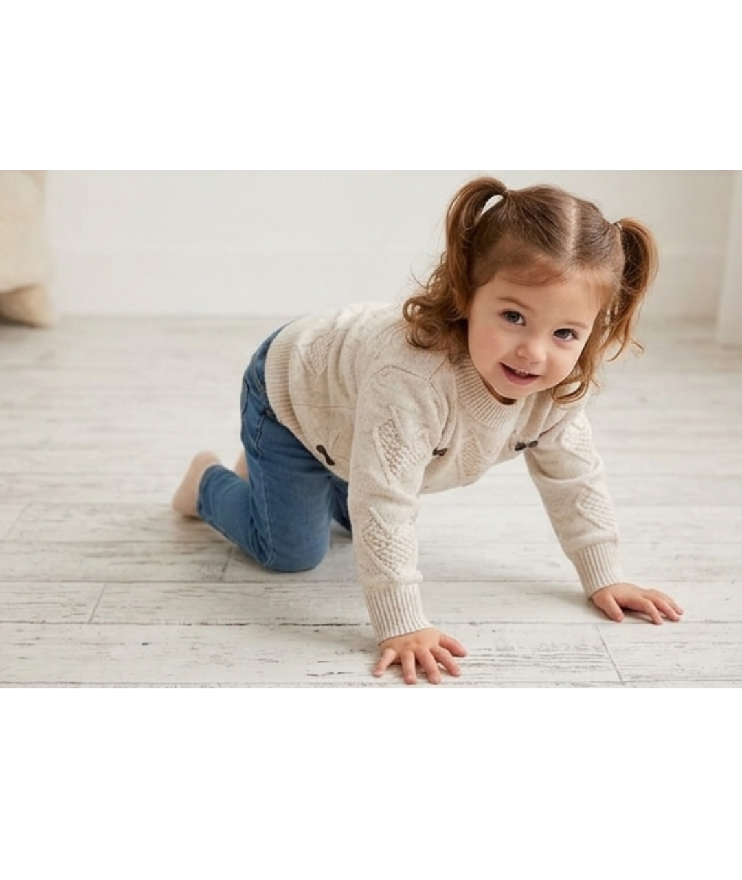 Toddler Girls' Cable-Knit Heart Sweater with Bow Accents – Oatmeal Beige