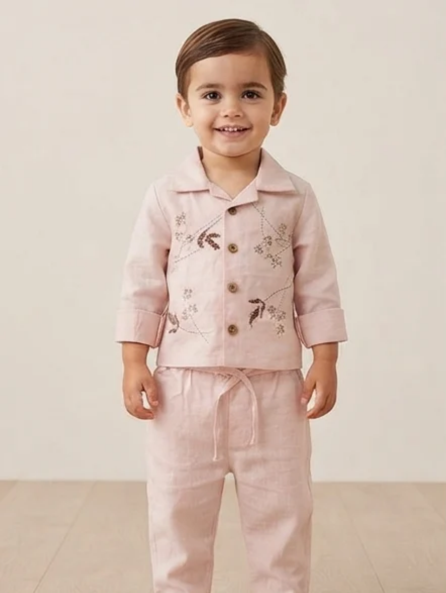Dusty Pink Linen-Blend Long-Sleeve Shirt & Pants Set with Floral Embroidery