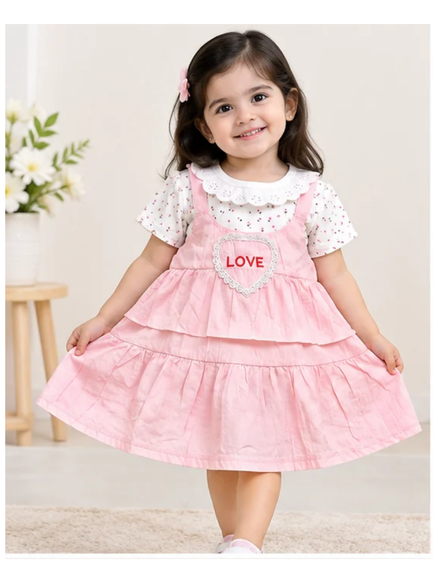 Girls Pink Tiered Dress & Floral Tee Set