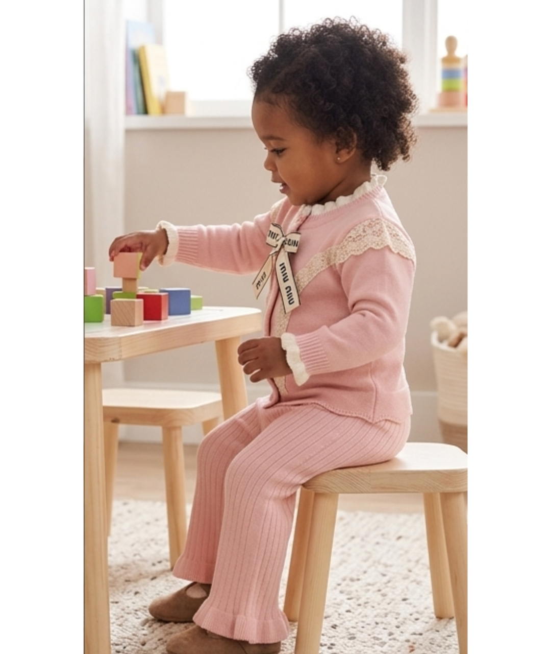 Toddler Girls Pearl Bow Knit Cardigan & Flared Pants Set – Soft Blush Pink & Cream