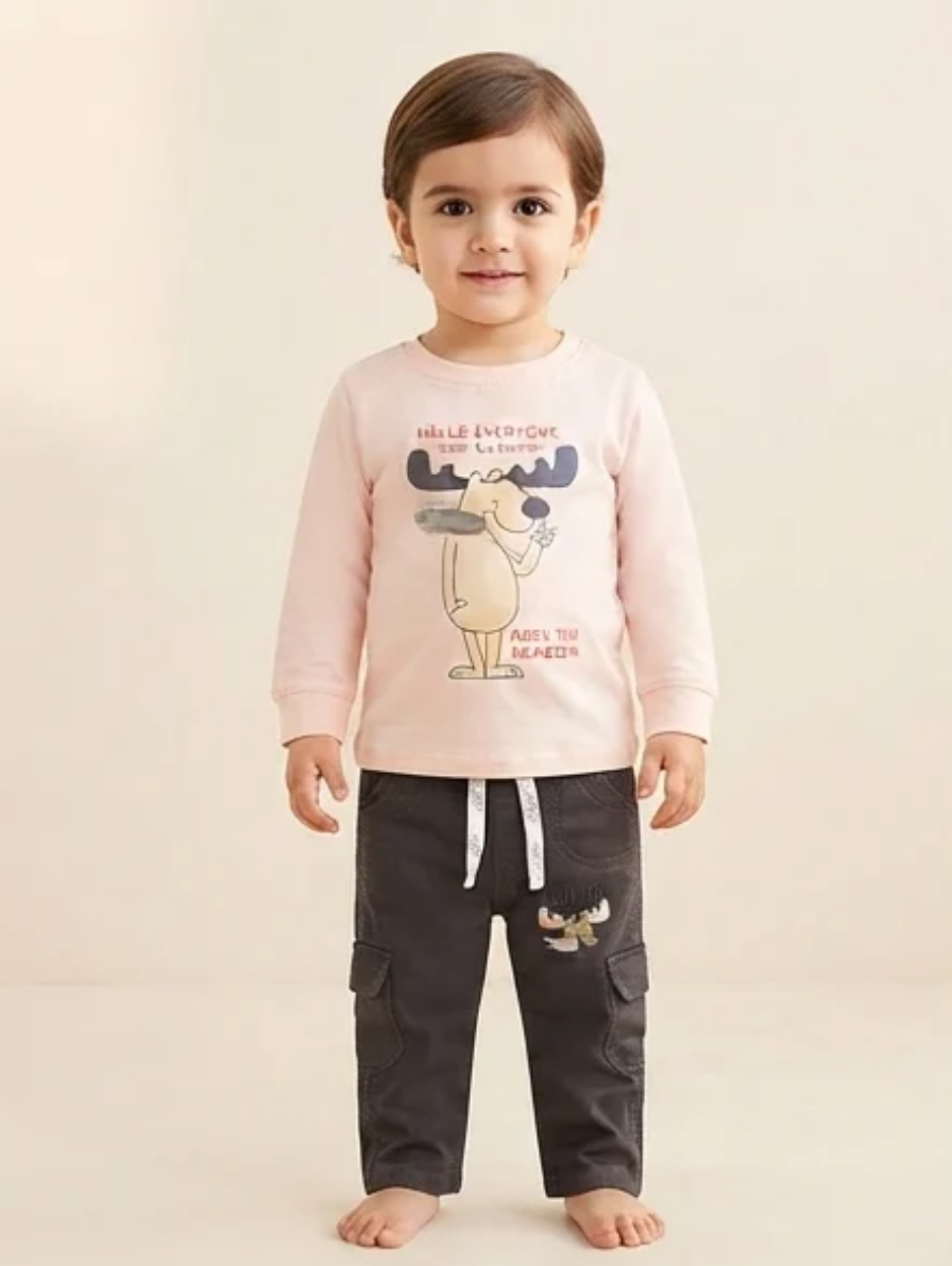 Light Pink Long-Sleeve "Rudy The Reindeer" Graphic T-Shirt & Charcoal Grey Cargo Pants Set