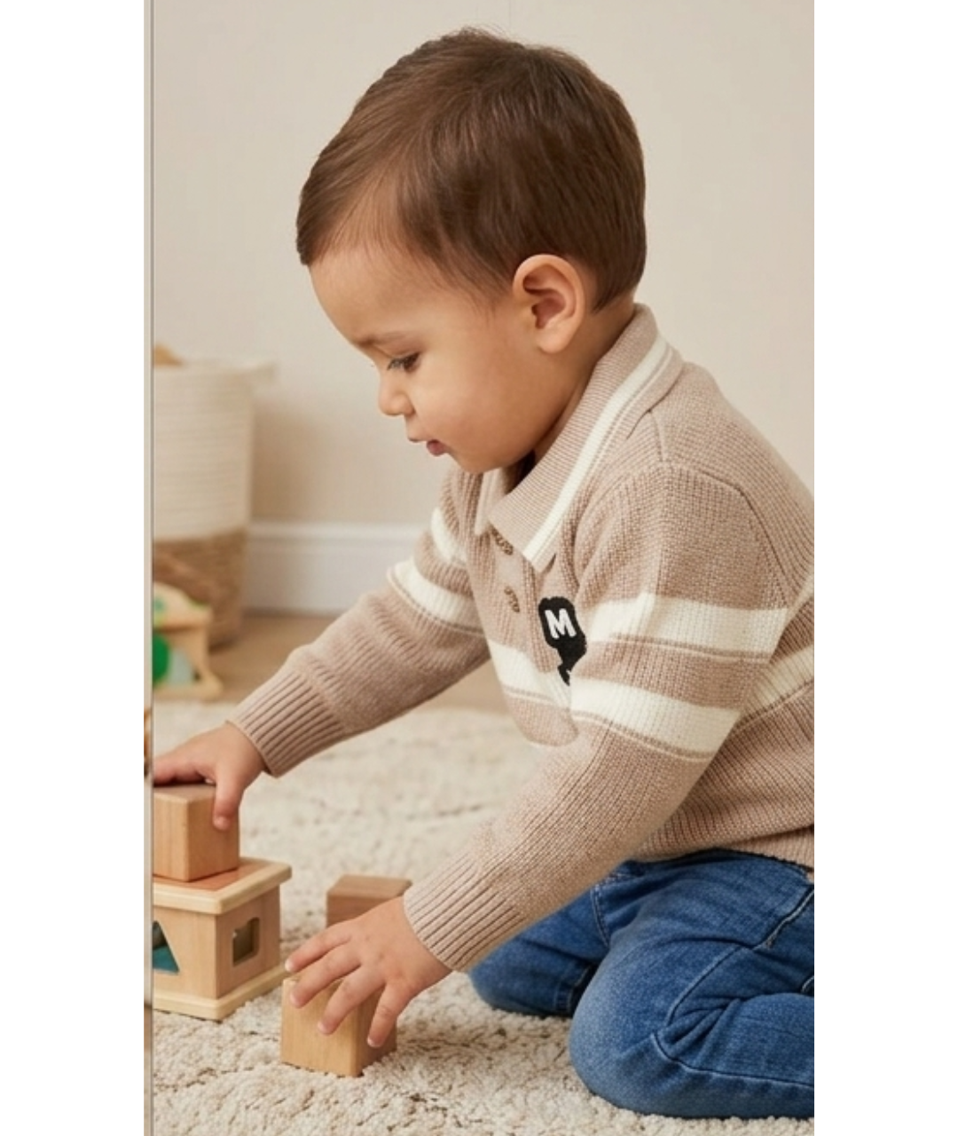 Toddler Boys Preppy Collared Knit Sweater – Beige & Cream Stripe with Monogram Patch
