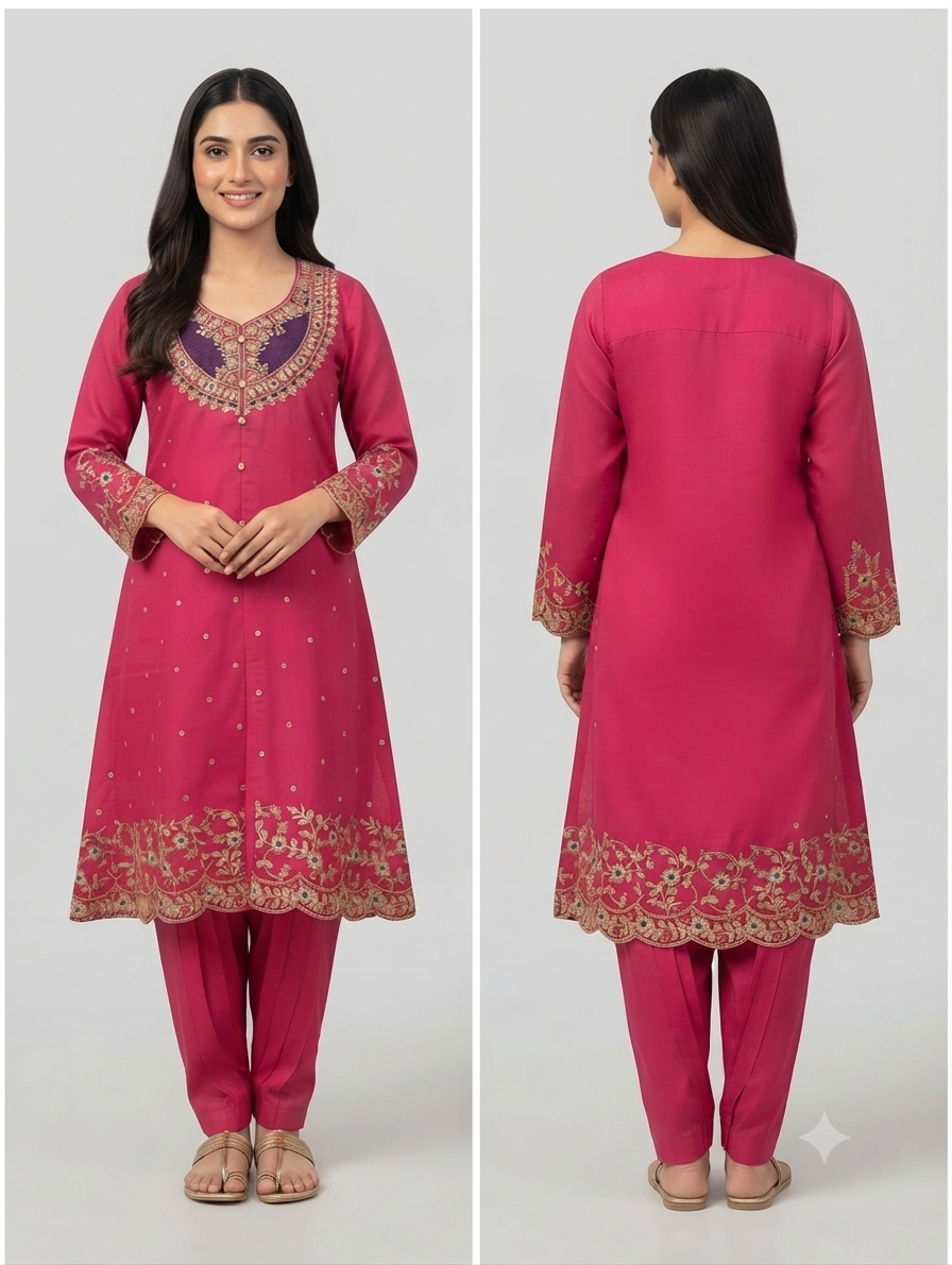 Magenta Embroidered Silk-Blend Kurti & Pant Set