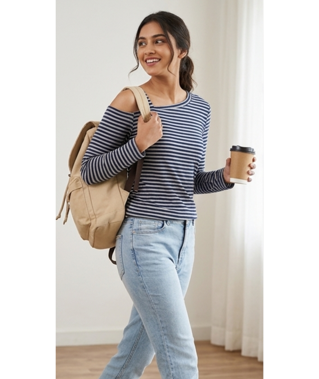 Women's Asymmetrical Neckline Cold-Shoulder Striped Long Sleeve Top – Navy and Grey