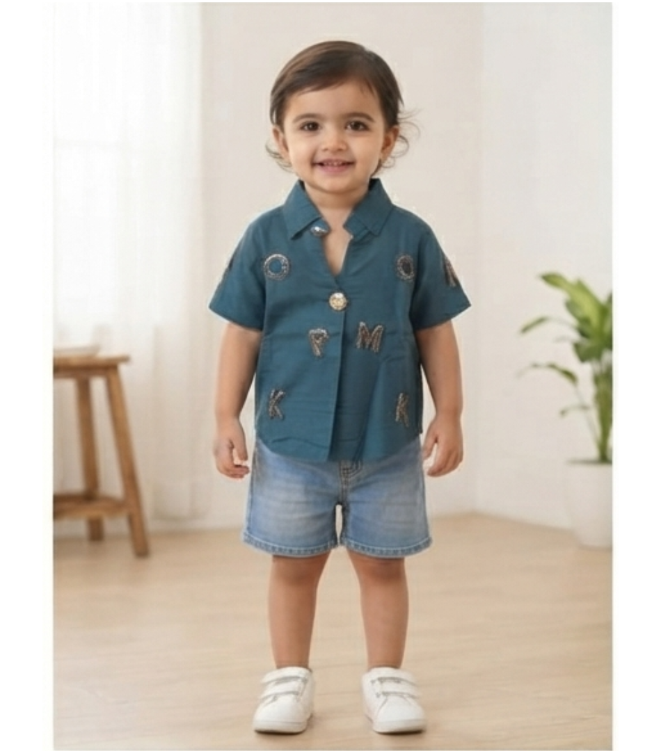 Teal Blue Alphabet Embellished Short-Sleeve Shirt
