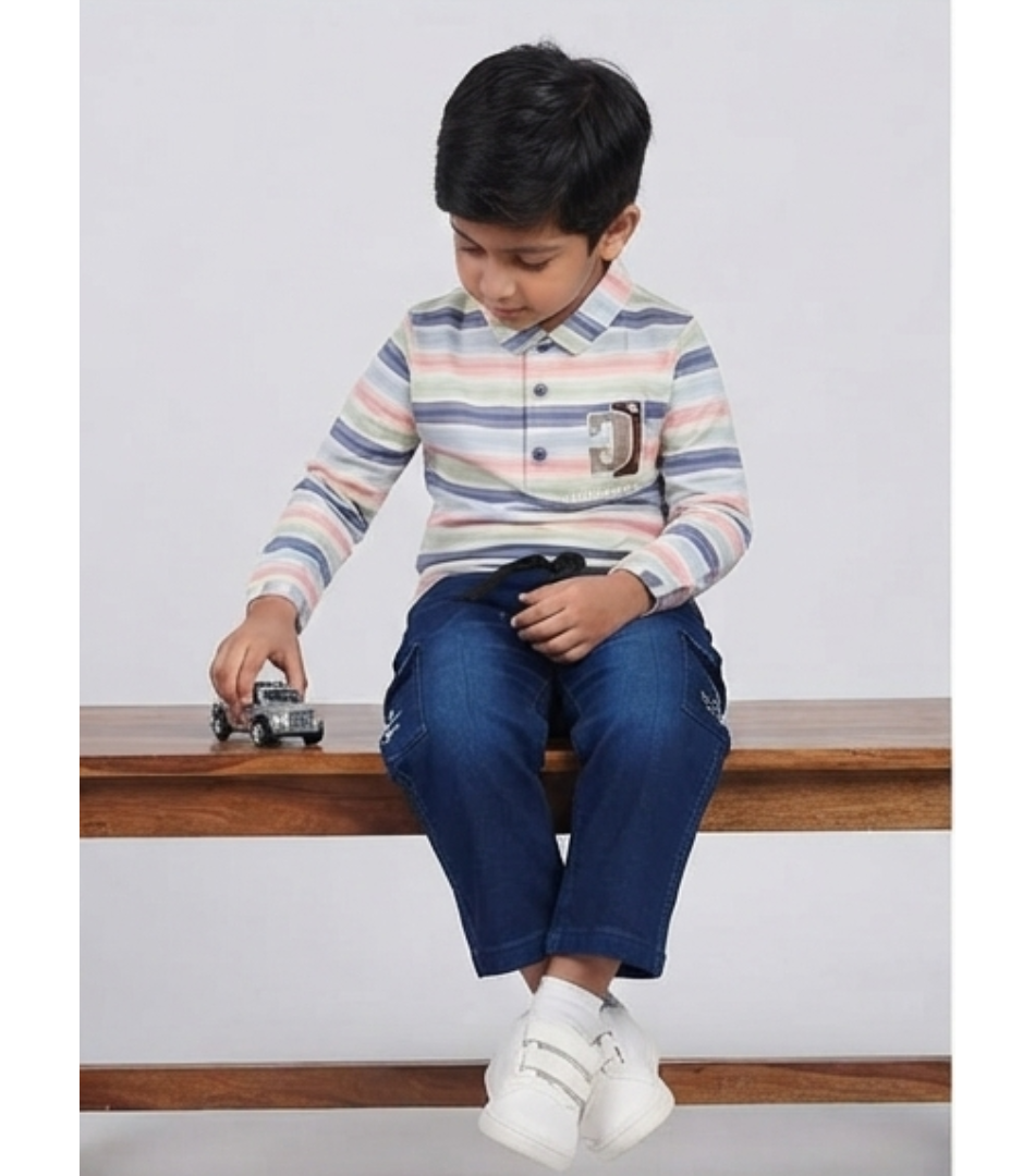 Multi-Color Striped Polo & Dark Denim Cargo Set