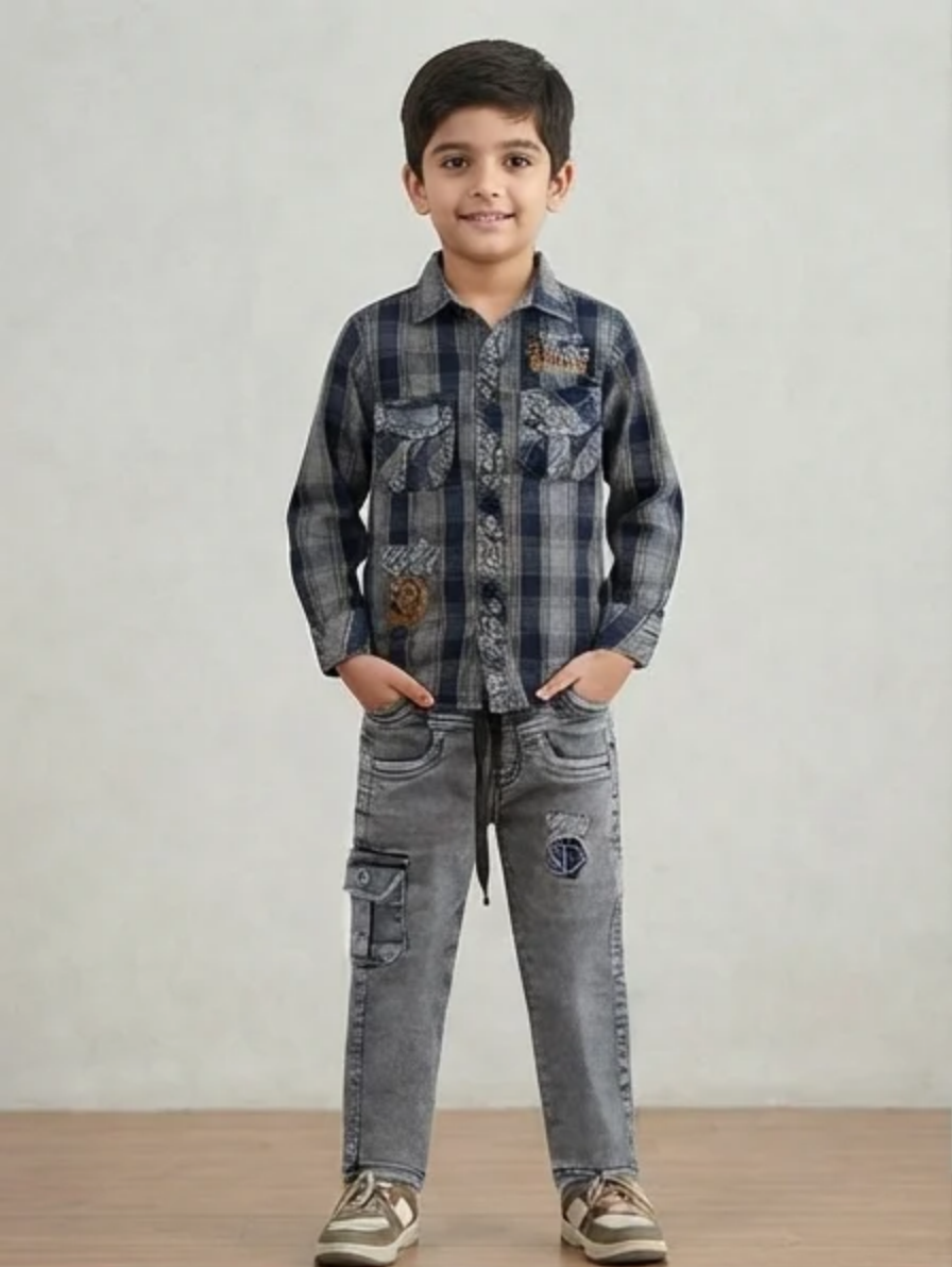Plaid Shirt & Cargo Pants Outfit Set