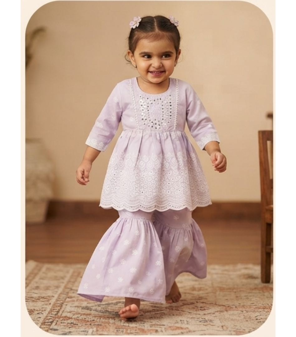 Adorable Lavender Chikankari Mirror-Work Gharara Set for Toddlers