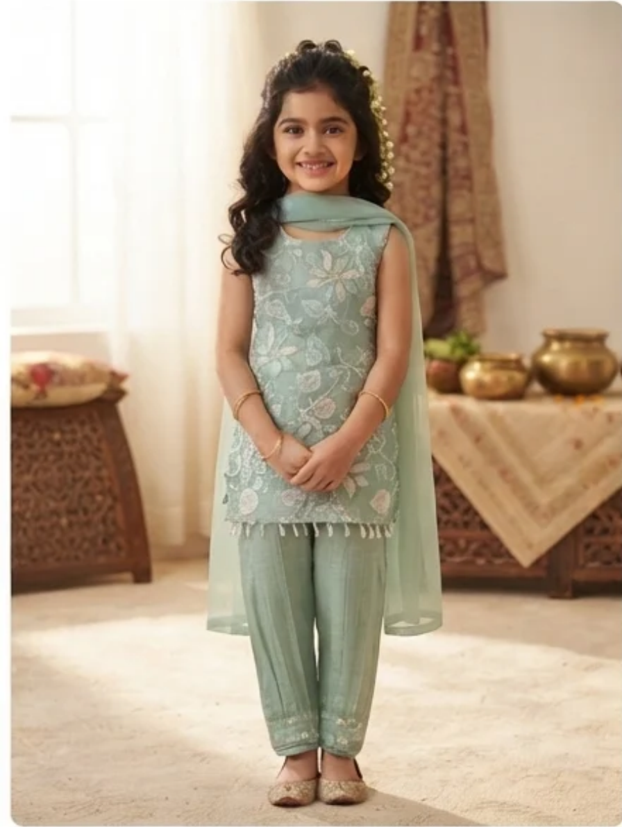 Mint Green Sleeveless Kurti with Cigarette Pants and Sheer Dupatta Set