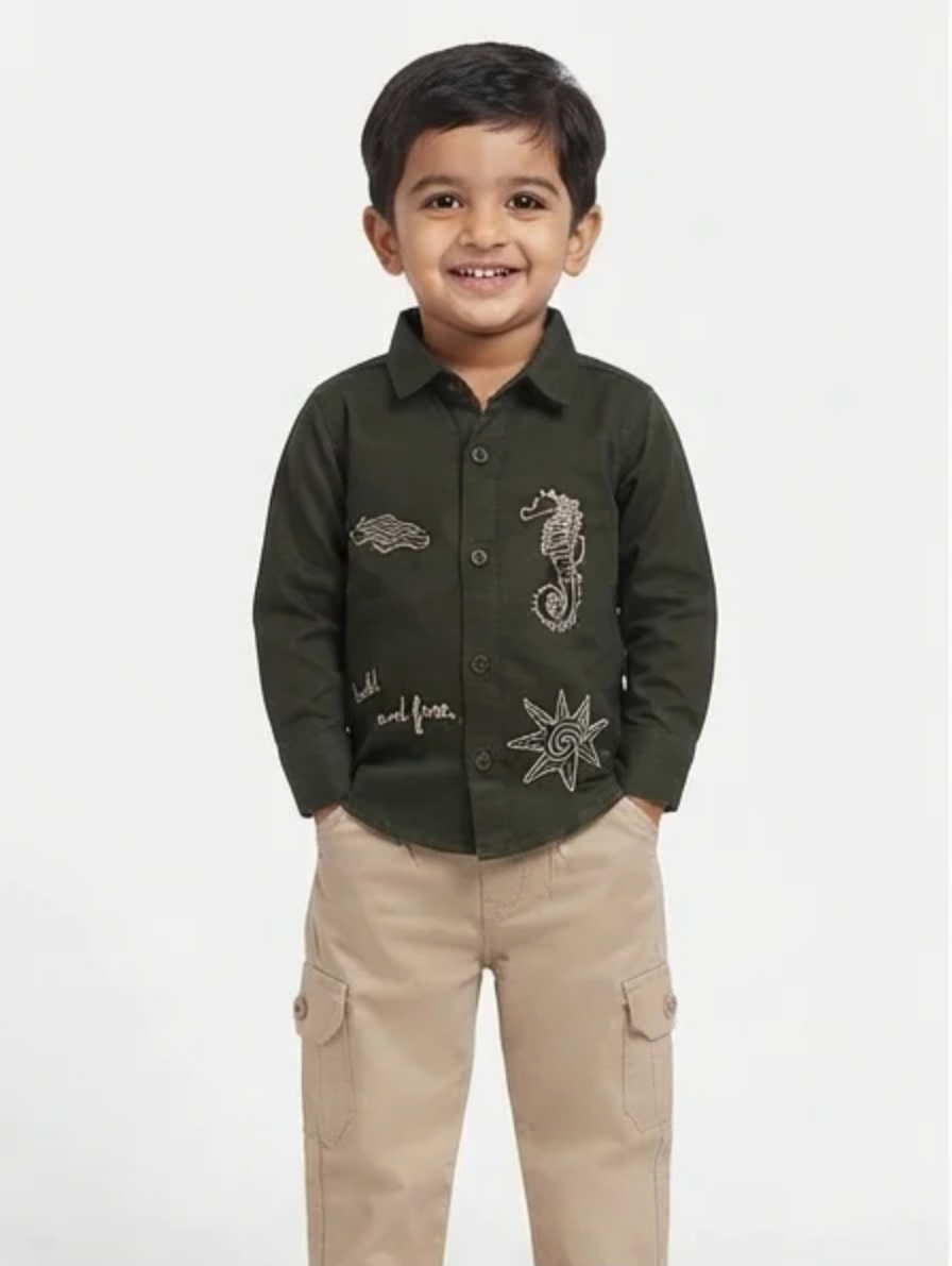 Boys Olive Green Embroidered Shirt & Cargo Pants Set
