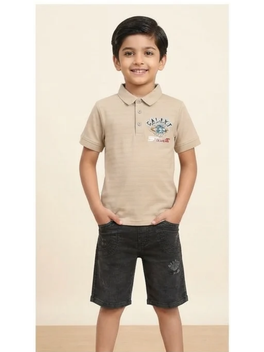 Beige Space Polo & Black Denim Shorts Set