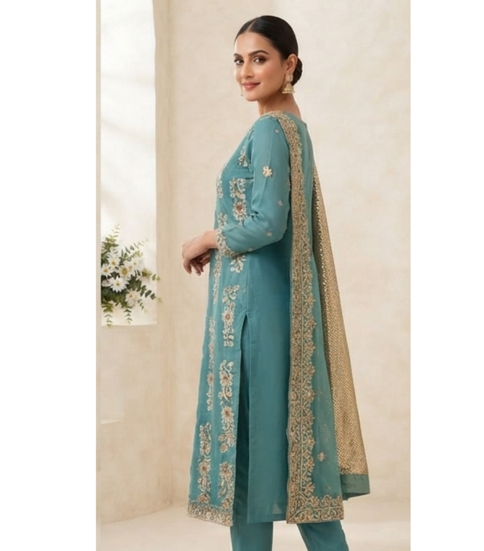 Teal Blue Striped & Embroidered Straight Kurta Set with Heavy Dupatta