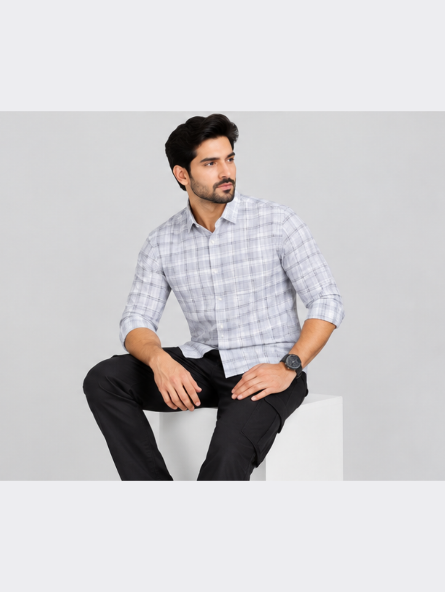 Men's Light Grey Checked Casual Shirt