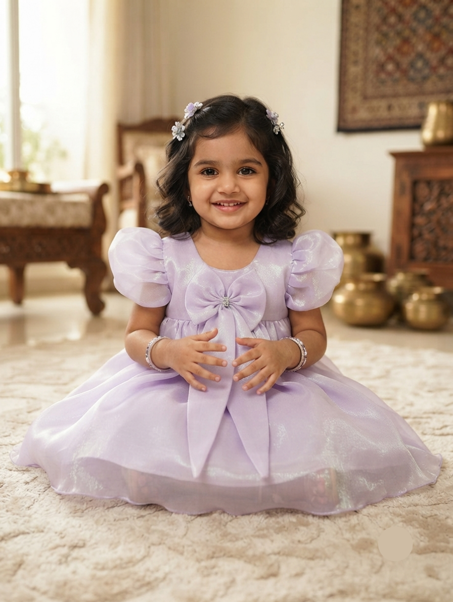 Lavender Iridescent Puff Sleeve Party Dress with Front Bow
