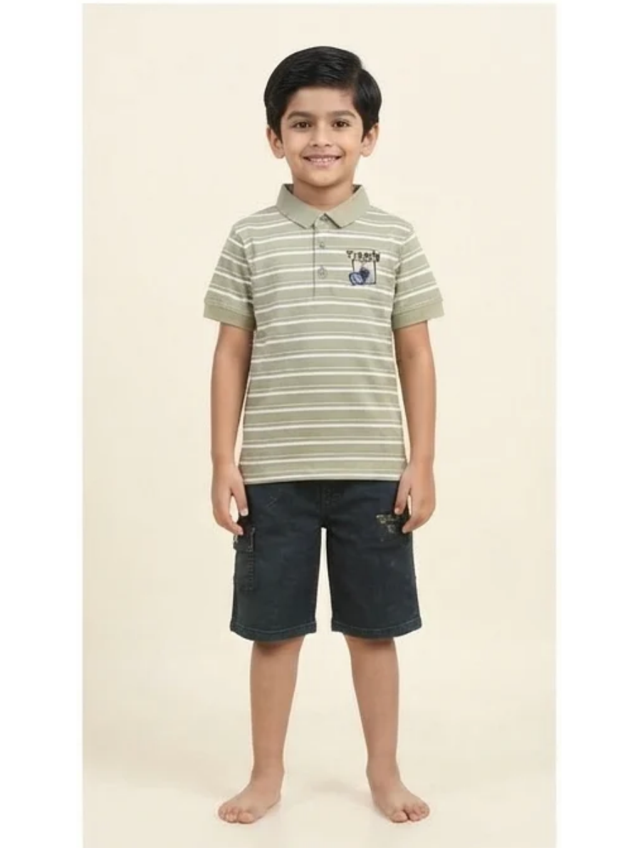 Olive Striped Polo & Dark Denim Shorts Set
