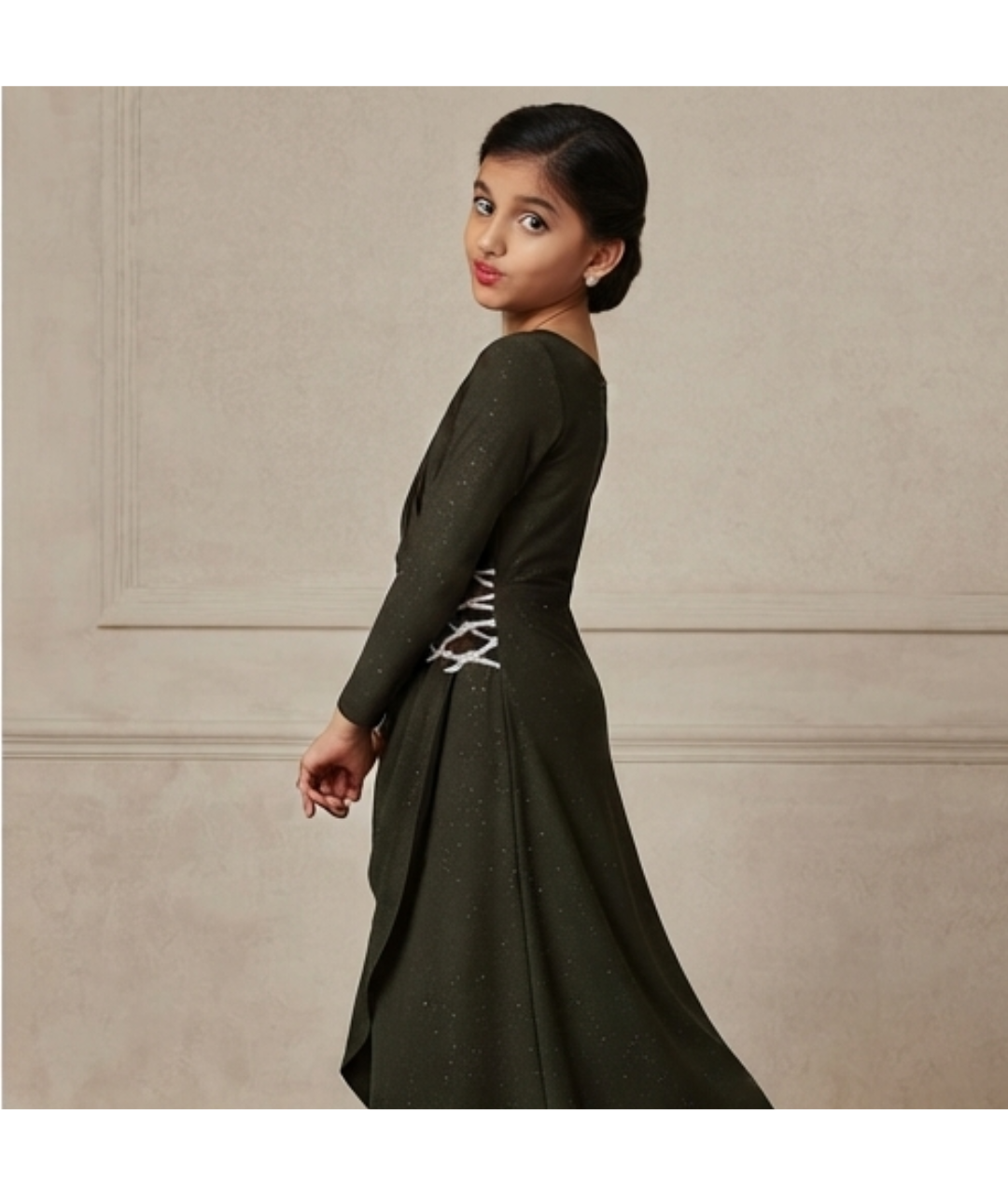 Gazab Clothing Elegant Long Sleeve Chutney Green Shimmer Maxi Dress with Hip Embellishment