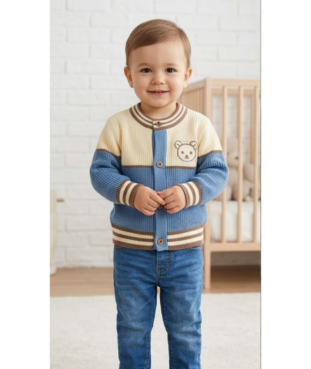Toddler Boys Colorblock Knit Cardigan Sweater – Denim Blue & Cream with Bear Motif