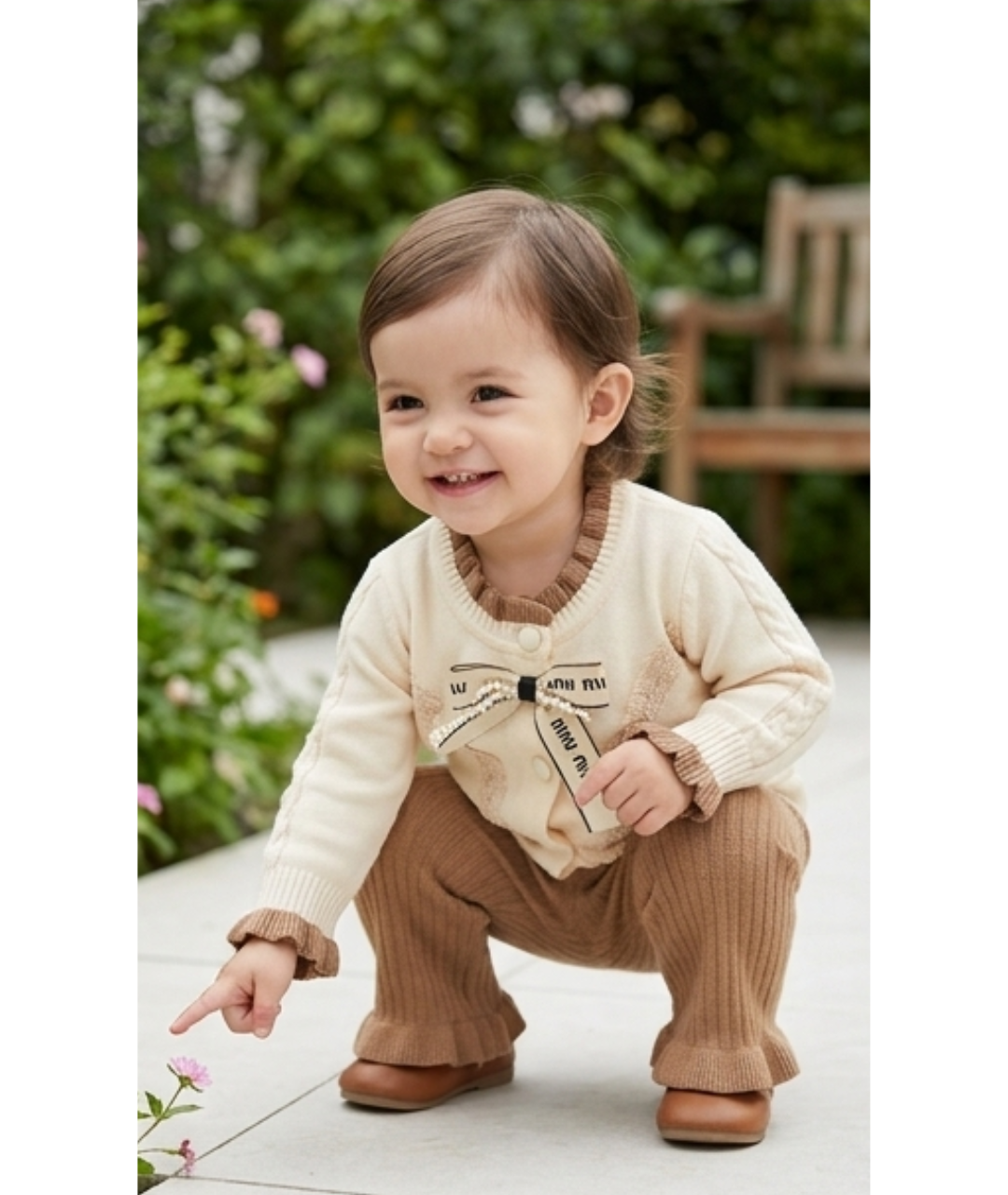 Toddler Girls Pearl Bow Knit Cardigan & Flared Pants Set – Cream & Mocha Brown