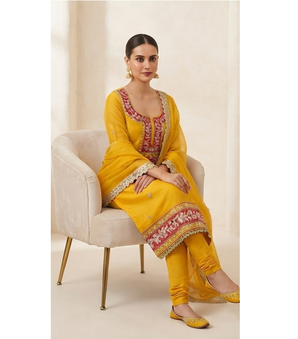 Mustard Yellow Contrast Red-Accented Zari Embroidered Straight Kurta Set